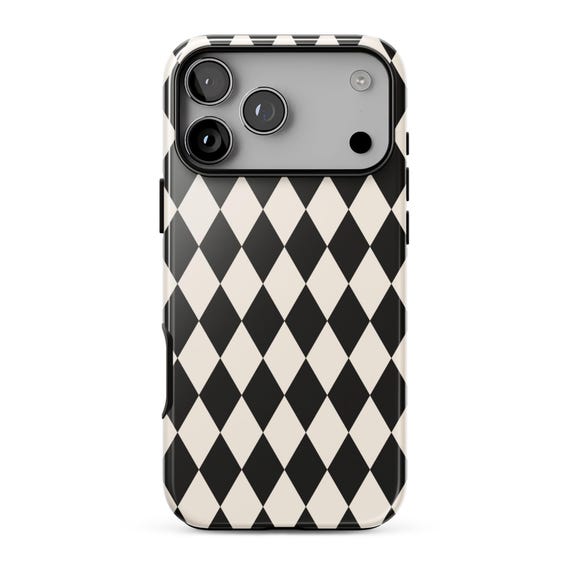 CLASSIC HARLEQUIN Phone Case | Black Cream Diamond Pattern | Classic Preppy Aesthetic iPhone 17 16 Pro Max 15 14 13 MagSafe Case