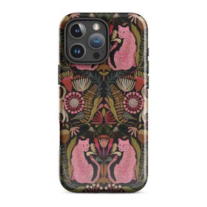 May include: A phone case featuring a repeating pattern of pink leopards and floral elements on a dark background. The design includes various flowers and foliage in shades of pink, brown, and green, creating a vibrant, artistic look.