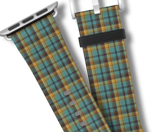 CHECKED OUT Apple Watch Band | Teal & Yellow Plaid Print | Retro Preppy Vegan Leather Watch Strap