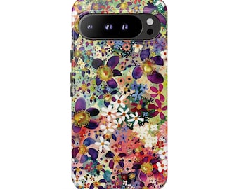 May include: A smartphone case featuring a vibrant, multi-colored floral pattern with purple, white, pink, and green blossoms scattered across the surface. The case includes a black horizontal camera cutout at the top with three circular lenses.