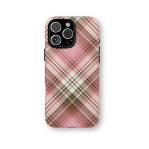 Preppy Pink Plaid Phone Case: Chic 90s Pattern Design, iPhone Galaxy Pixel