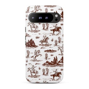 May include: A white smartphone case featuring a repeating brown ink-style illustration pattern of cowboys riding horses, swinging lassos, and desert landscapes with cacti and rocky mountain formations across the entire surface of the device cover.