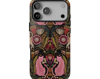 May include: A smartphone case featuring a dark background with a symmetrical pattern of pink leopards, red and yellow flowers, and green foliage. The design includes stylized botanical elements and animal figures arranged in a repeating motif.