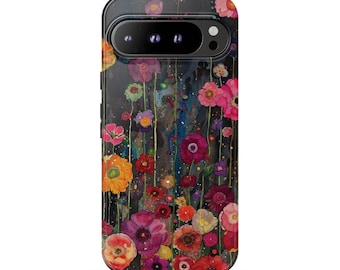 May include: A black smartphone case featuring a vibrant, multi-colored floral pattern with various shades of red, pink, orange, and purple flowers on long, thin stems against a dark, textured background with a prominent camera cutout.