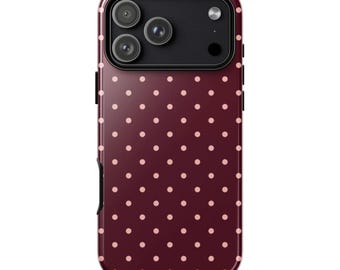 PRETTY PLEASE Phone Case | Burgundy Pink Polka Dot iPhone Case | 90s Retro Preppy Design | MagSafe Option