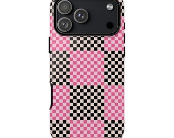 PINK MOSAIC CHECK Phone Case | Pink & Black Checkerboard Design | iPhone 17 Pro Max 16 15 14 13 12 MagSafe
