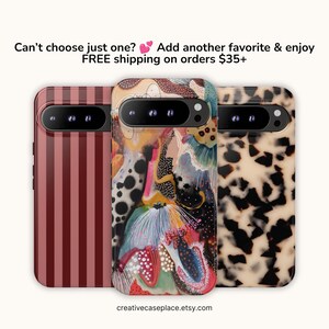 May include: Three smartphone cases featuring distinct designs: a dark red vertical striped case, a central case with a colorful abstract floral pattern, and a right-side case with a beige and black tortoiseshell print. Text reads: Can't choose just one? Add another favorite & enjoy FREE shipping on orders $35+ creativecaseplace.etsy.com