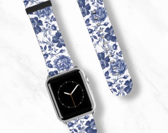 INDIGO ROSE Apple Watch Band | Blue White Vintage Floral Faux Leather Strap | Girly Romantic Botanical Design 38 40 41 42 44 45mm