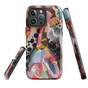 May include: A smartphone case featuring an abstract design with a vibrant color palette of pink, orange, black, white, and teal. The pattern includes organic shapes, fine line work, and dotted textures across the back and side panels of the case.