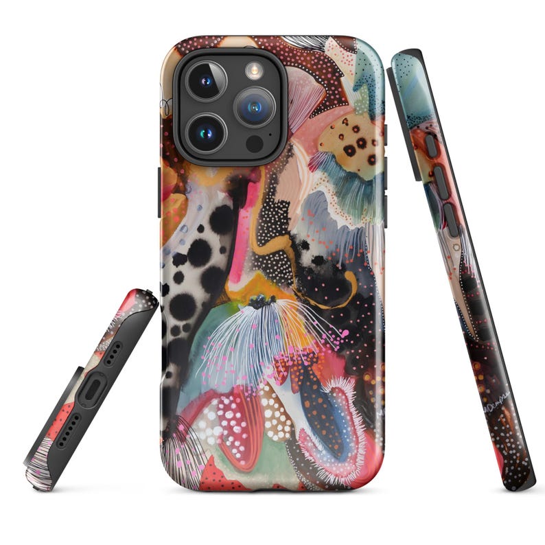 May include: A smartphone case featuring an abstract design with a vibrant color palette of pink, orange, black, white, and teal. The pattern includes organic shapes, fine line work, and dotted textures across the back and side panels of the case.
