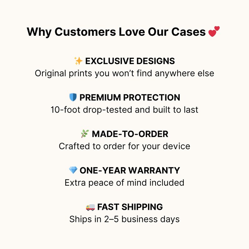 May include: Text on a cream-colored background reads "Why Customers Love Our Cases." The text highlights exclusive designs, premium protection, made-to-order products, a one-year warranty, and fast shipping.