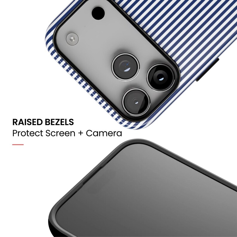 May include: A smartphone case featuring a blue and white vertical striped pattern. The case has a black frame with raised bezels to protect the screen and camera. Text on the image reads: RAISED BEZELS Protect Screen + Camera.