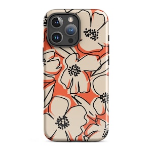 May include: A smartphone case featuring a repeating pattern of stylised flowers with beige petals, black dotted centres, and thin black outlines set against a vibrant orange background. The case has a cutout for a triple-lens camera system.
