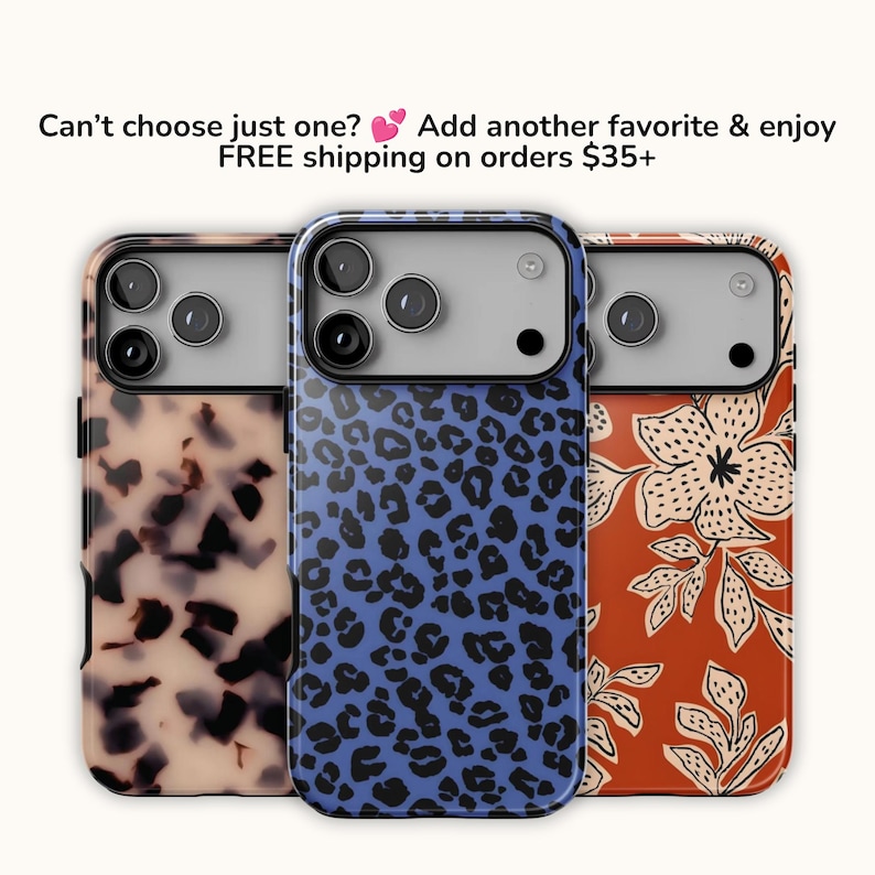 May include: Three smartphone cases featuring distinct patterns: a beige and black tortoiseshell design, a blue and black leopard print, and a burnt orange background with a cream-colored floral line art pattern. Each case has a camera cutout.