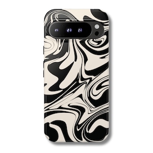 May include: A black and cream-colored phone case with a swirling, marbled design. The case has a glossy finish and a camera cutout. The pattern features flowing, abstract shapes in black against a cream background, creating a dynamic visual effect.