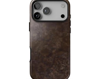 May include: A smartphone case featuring a dark brown, marbled, cloudy pattern across the back. The upper section includes a light grey rectangular camera module housing three circular lenses and a small circular flash component.
