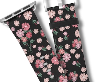PINK AFTER DARK Apple Watch Band | Pink & Black Floral | Cute Retro Flower Print | Women's Vegan Leather Watch Strap