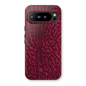 May include: A burgundy phone case with a leopard print design. The case has a camera cutout and side buttons. The overall design is a deep red with a textured pattern, offering both style and protection for the phone.