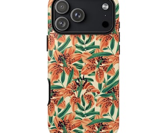 TIGER LILY Phone Case | Orange Tropical Flower Print | iPhone 17 Pro Max 16 15 14 13 12 MagSafe Tough