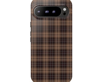 FIRESIDE Phone Case | Dark Brown Plaid Check Pattern | Cozy Preppy Google Pixel 11 10 Pro XL 9 8 7 6