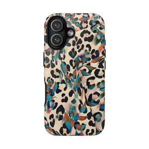 May include: A phone case with a cream-colored background featuring a leopard print design with black spots and colorful floral accents in teal, brown, and blue. The case has a dual-lens camera cutout.