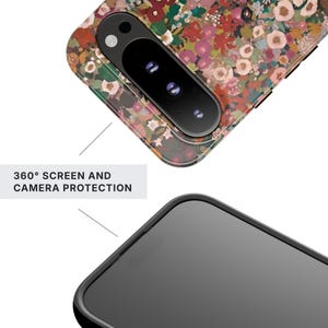 May include: A smartphone case featuring a vibrant floral pattern in shades of red, pink, green, and white. The case includes a raised camera cutout and the text 360&deg; SCREEN AND CAMERA PROTECTION, highlighting the protective design for the device.