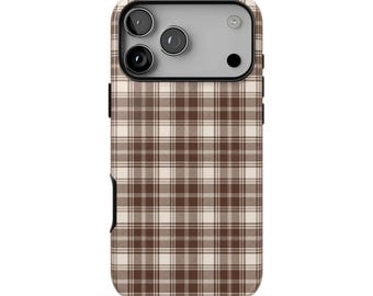 COFFEE DATE Plaid Phone Case | Brown & Beige Tartan Pattern | Cozy Preppy iPhone 18 Pro Max 17 16 15 14 | MagSafe