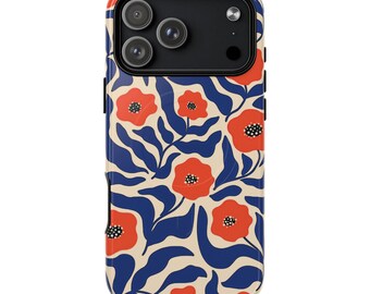 MATISSE FLORAL MagSafe Phone Case | Orange & Blue Flower Print | Artsy Botanical iPhone 17 Pro Max 16 15 14 Plus Tough Case