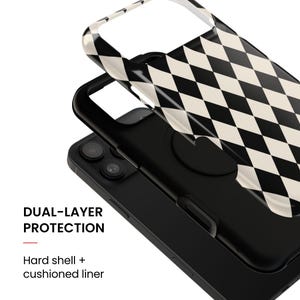 May include: A dual-layer phone case featuring a black and cream diamond argyle pattern on the outer hard shell and a solid black inner cushioned liner. The text DUAL-LAYER PROTECTION and Hard shell + cushioned liner is printed on the side.