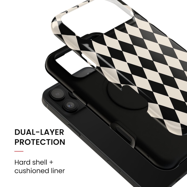 May include: A dual-layer phone case featuring a black and cream diamond argyle pattern on the outer hard shell and a solid black inner cushioned liner. The text DUAL-LAYER PROTECTION and Hard shell + cushioned liner is printed on the side.