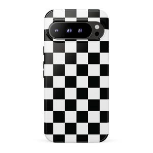 May include: A smartphone case featuring a high-contrast black and white checkered pattern across the entire back surface. The design includes a horizontal camera bar cutout at the top, revealing three circular camera lenses and a flash component.