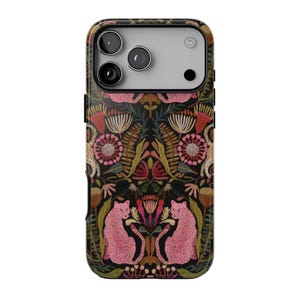 May include: A smartphone case featuring a symmetrical pattern on a black background. The design includes pink leopards, various stylized flowers in shades of red, pink, and orange, and green foliage. The camera cutout is visible at the top.