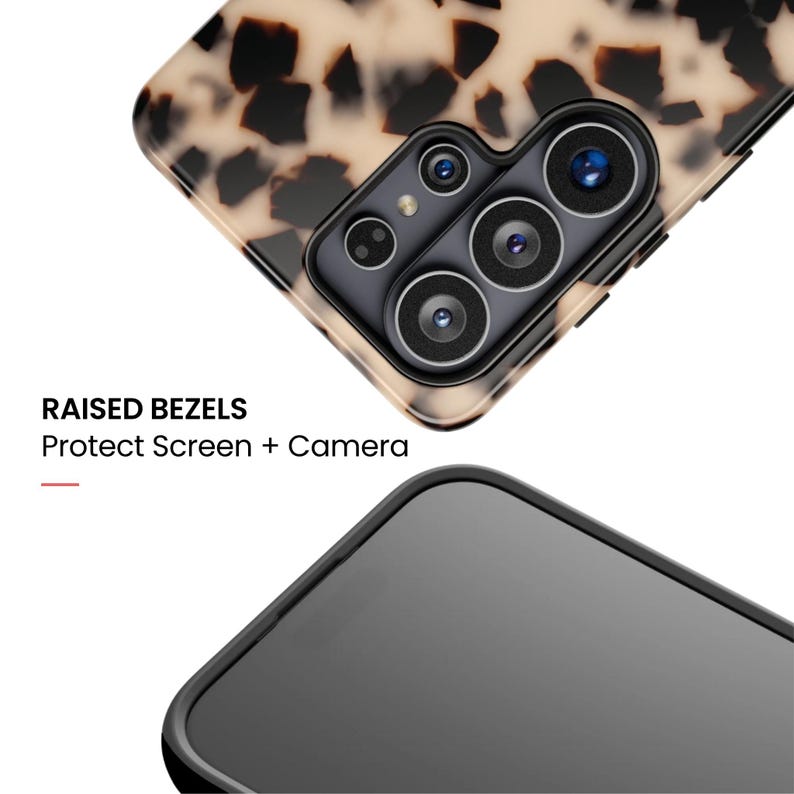 May include: A smartphone case with a beige and black tortoiseshell pattern featuring a raised camera bezel. The text RAISED BEZELS Protect Screen + Camera is visible. The case has a black frame and a cutout for the multi-lens camera system.