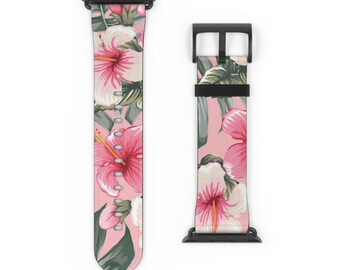 Tropical Floral Apple Watch Band Vegan Leather Strap 38mm 40mm 42mm 44mm 45mm Series 1, 2, 3, 4, 5, 6, 7, 8, 9 Ultra Pink Hibiscus Print