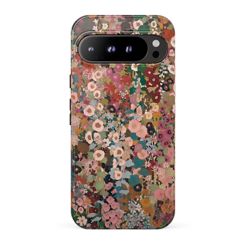 May include: A rectangular smartphone case featuring a dense, multi-colored floral pattern. The design includes various shades of pink, red, green, brown, and blue flowers and foliage. The top section has a horizontal black camera bar cutout.