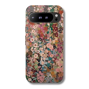 May include: A phone case with a floral design. The case features a colorful pattern of flowers in shades of pink, red, green, and white. The phone case has a black camera bar and buttons on the side.