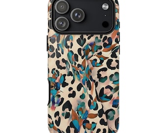 Funda para teléfono DREAMY LEOPARD / Estampado animal de acuarela verde azulado / iPhone 17, 16 Plus, 15, 14, 13, 12 Pro Max