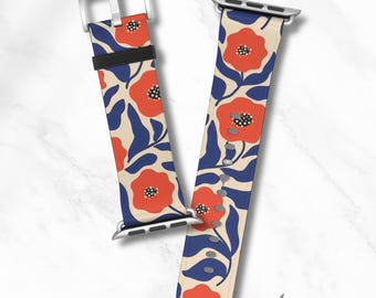 Correa MATISSE FLORAL para Apple Watch / Correa de piel vegana con estampado floral naranja / Bonita correa floral para iWatch 38 40 41 42 44 45 mm
