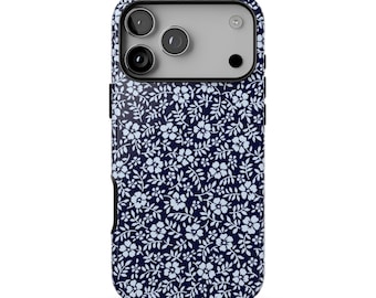 BLUE CRUSH Floral Phone Case | Navy Blue Botanical Flower Pattern | Cute Preppy iPhone 18 Pro Max 17 16 15 14 | MagSafe