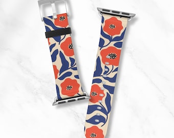 Bracelet pour montre Apple MATISSE FLORAL | Imprimé floral orange rétro | Joli bracelet iWatch en cuir végétalien botanique