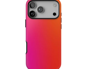 May include: A smartphone case featuring a vibrant gradient color scheme that transitions from a deep magenta pink at the bottom to a bright orange at the top. The upper section includes a rectangular camera cutout with three lenses.
