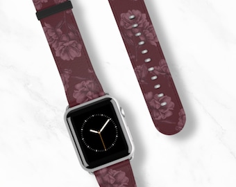 FEMME FATALE Apple Watch Band | Dark Burgundy Floral Design | Moody Romantic Vegan Leather Strap 38 40 41 42 44 45mm
