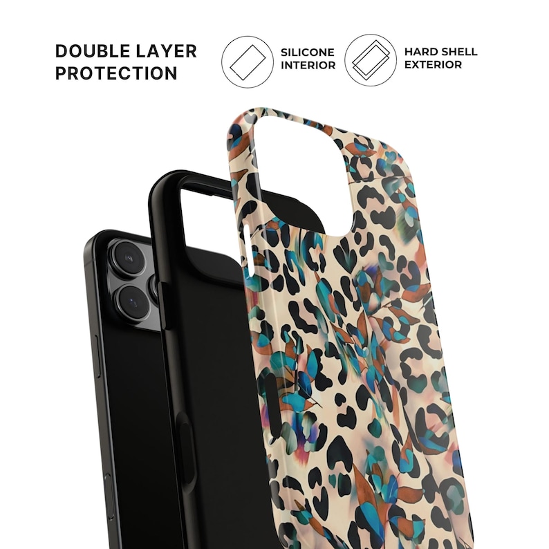May include: A phone case with a colorful leopard print design. The case has a hard shell exterior and a silicone interior for double layer protection. The text "DOUBLE LAYER PROTECTION", "SILICONE INTERIOR", and "HARD SHELL EXTERIOR" are visible.