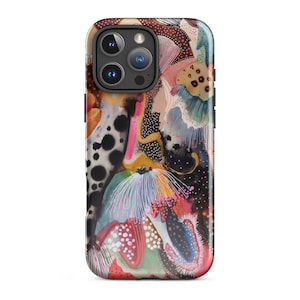 Puede incluir: Una funda para smartphone con un diseño abstracto que mezcla colores negro, blanco, rosa, naranja y turquesa. El patrón incluye varias formas orgánicas, líneas finas, texturas de puntos y pinceladas superpuestas en toda la superficie.