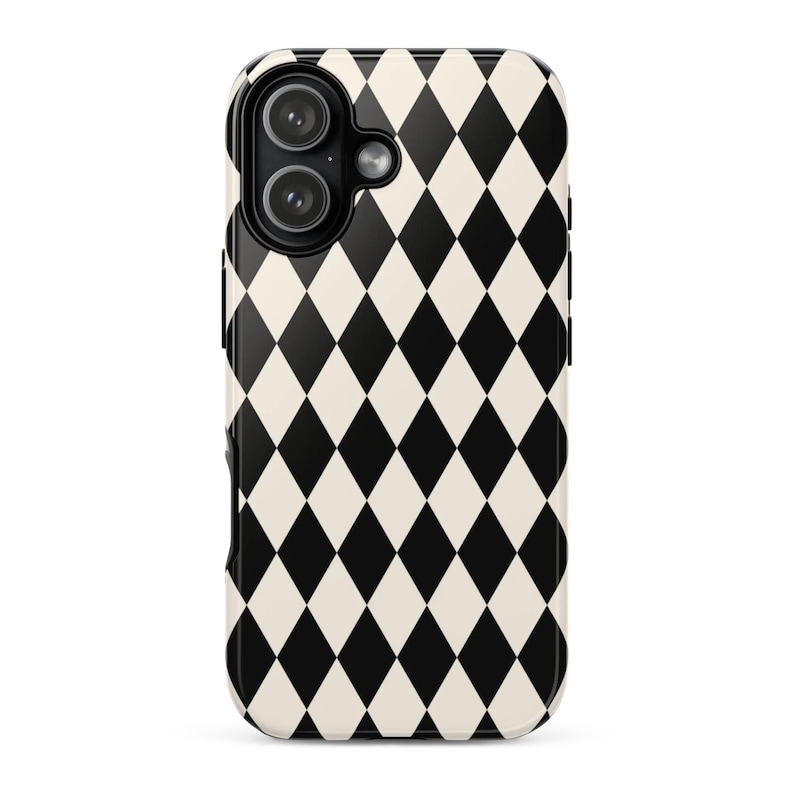 May include: A smartphone case featuring a repeating black and off-white diamond harlequin pattern across the entire back surface. The case includes a circular cutout in the upper left corner for a dual-lens camera system and a small flash module.