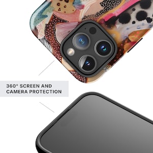 May include: A smartphone case featuring an abstract pattern of pink, brown, black, and white shapes with a triple-lens camera cutout. The text 360&deg; SCREEN AND CAMERA PROTECTION is visible, highlighting the protective design for the device screen and camera.