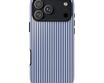 Telefoonhoesje OXFORD STREEP | Klassiek blauw-wit gestreept ontwerp | Coastal Chic iPhone 17 16 15 14 13 MagSafe