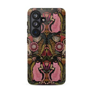 May include: A black smartphone case featuring a repeating pattern of pink leopards, red and orange flowers, and green foliage. The design is symmetrical, with the leopards positioned in pairs against a dark background, surrounding the camera lens.