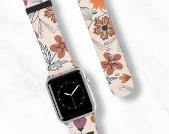 Apple Watch-band WILDFLOWER WHIMSY | Retro wilde bloemenprint | Leuke kunstzinnige vegan leren iWatch-band 38 40 41 42 44 45 mm