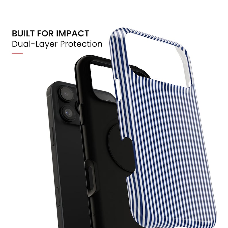 May include: A dual-layer phone case featuring a blue and white vertical striped outer shell and a solid black inner layer, shown with a black smartphone. The text BUILT FOR IMPACT Dual-Layer Protection is visible in the upper left corner.